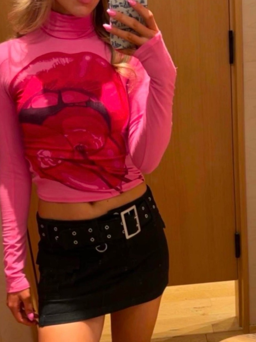 Urban Outfitters Pink Long-Sleeve Graphic Turtleneck Crop Top